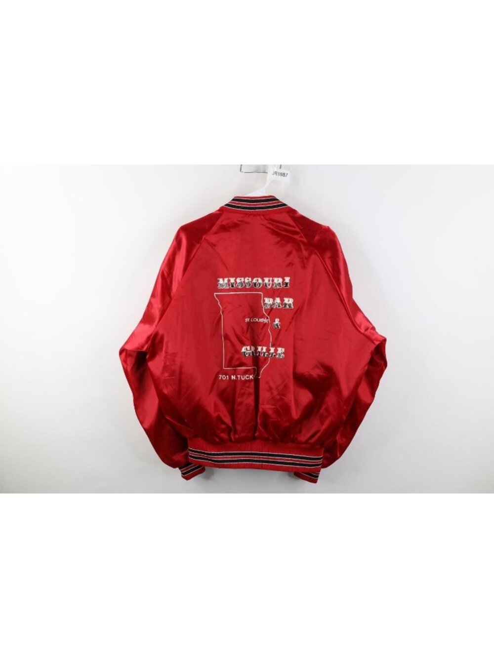 Vintage 80s 90s Mens Large Missouri Bar & Grille Satin Bomber Jacket Red USA